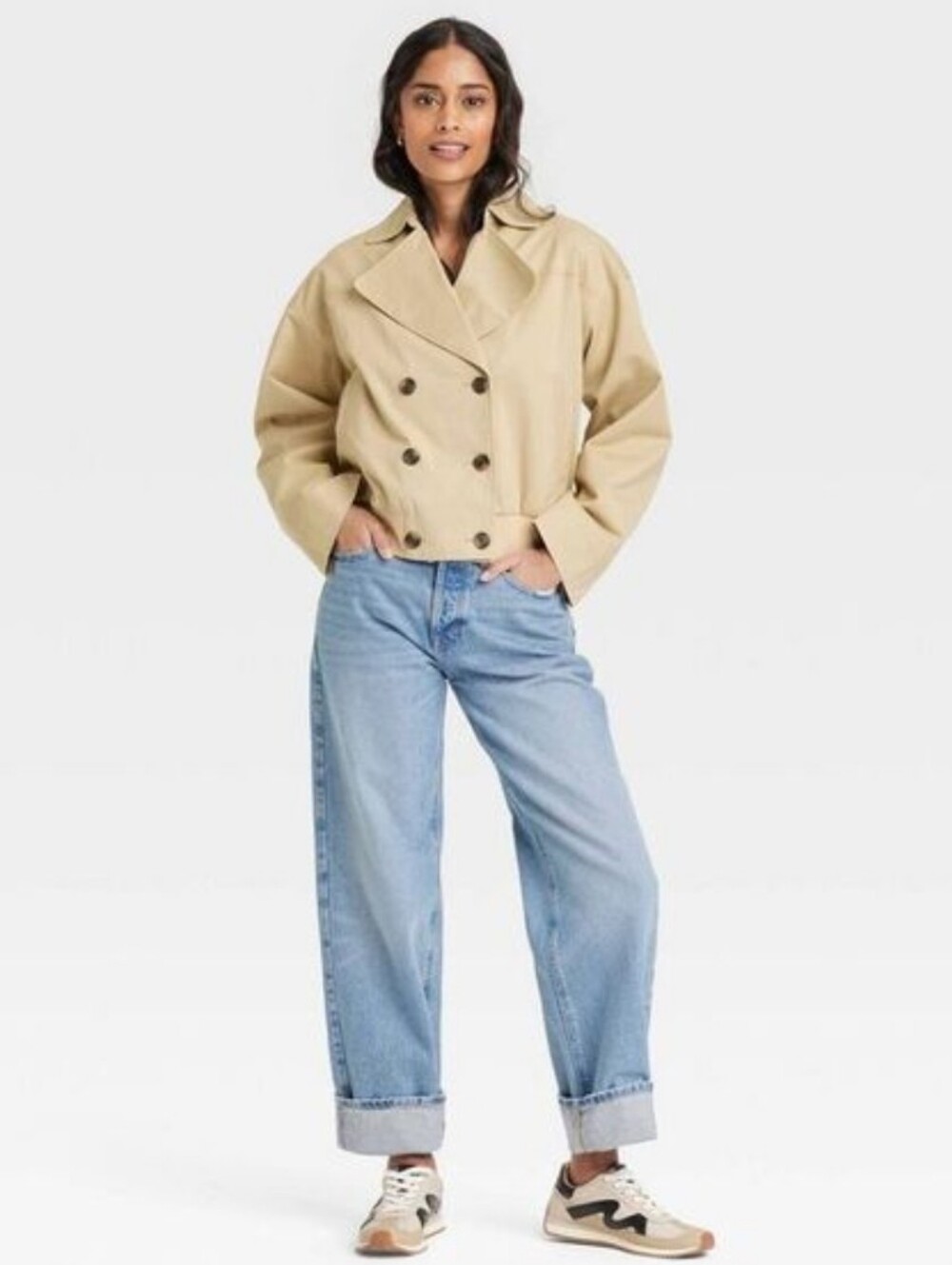 Cropped Double-Breasted Beige Trench Jacket Fall Winter Casual Size Large
